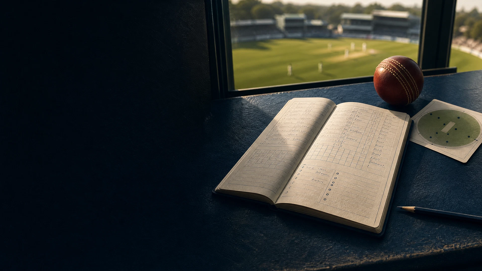 Cricket scorebook, pencil and ball on a commentary desk